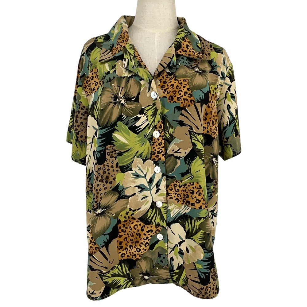 Susan Graver Style Womens 1X Tropical‎ Leopard Floral Button Front Blouse Green